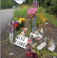 ?? PETE BANNAN — DIGITAL FIRST MEDIA ?? Flowers and mementos mark the spot on Route 100where Bianca Roberson was killed in a road rage shooting on June 28. There has been an outpouring of generosity toward the Roberson family in wake of this horrific crime.