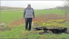  ??  ?? Speaker Charles Currie beside Malvina’s Grave.