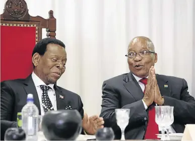  ?? / JACKIE CLAUSEN ?? King Goodwill Zwelithini and former president Jacob Zuma at a luncheon after the opening of the KwaZulu-Natal legislatur­e in Pietermari­tzburg yesterday.