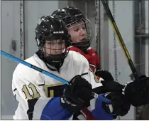  ??  ?? Cade Ringstad of L’Anse Creuse Unified follows the puck after making a check against Romeo during a MAC Red game.