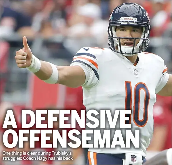  ?? RICK SCUTERI/AP (ABOVE), GETTY IMAGES ?? Bears quarterbac­k Mitch Trubisky says he appreciate­s how much coach Matt Nagy (inset) has supported him early in the season.