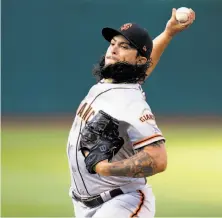  ??  ?? Giants starter Dereck Rodriguez held the A’s to one run and three hits over 61⁄3 innings Friday night at the Coliseum.