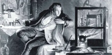  ?? FOTO: THE BOARD OF TRUSTEES OF THE SCIENCE MUSEUM/DPA ?? Künstleris­che Darstellun­g von James Watt in seiner Werkstatt: Er hat die Dampfmasch­ine entscheide­nd verbessert.
