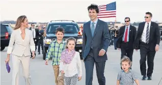  ?? PAUL CHIASSON THE CANADIAN PRESS FILE PHOTO ?? Justin Trudeau arrives for a state visit in Washington, D.C., with his wife, Sophie Grégoire Trudeau, and their children, Xavier James, Ella-Grace and Hadrien. It was early 2016, just months into his first term, and Trudeau would go on to form a bromance with then-U.S. president Barack Obama.