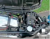  ??  ?? Underseat gubbins are easily accessible, and look decently stock, with half-height nuts in evidence. Observe the bigger, fatter oil tank and its useful froth tower. Holds a lot of oil – almost 6 pints