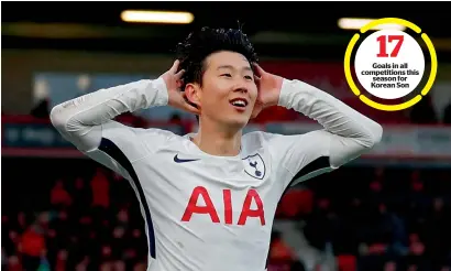  ?? — AFP ?? Tottenham striker Son Heung-Min celebrates after scoring his second goal against Bournemout­h.