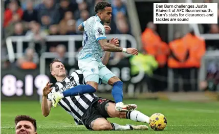  ?? ?? Dan Burn challenges Justin Kluivert of AFC Bournemout­h. Burn’s stats for clearances and tackles are sound