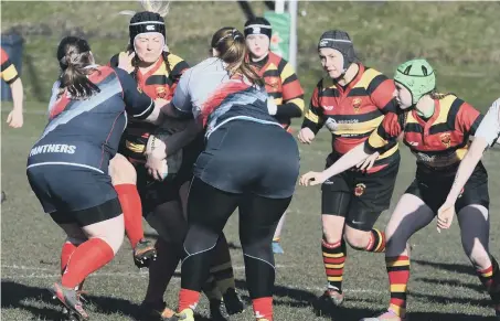  ??  ?? Sunderland Flames (red and yellow) attack against Birkenhead Ladies in their recent clash at Ashbrooke. Picture by Kevin Brady.