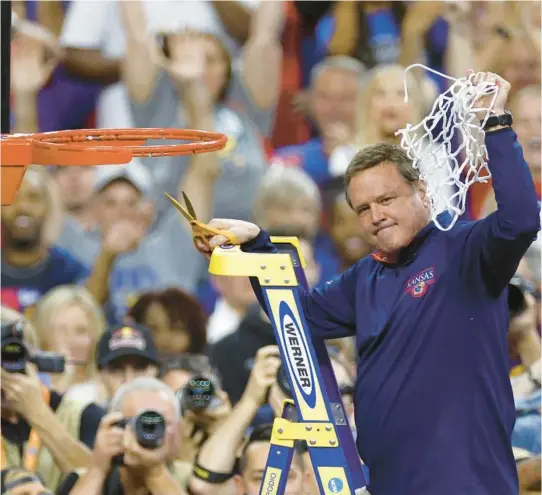  ?? CHRIS GRAYTHEN/GETTY ?? Kansas coach Bill Self cuts the net after defeating North Carolina in the NCAA Tournament championsh­ip game on April 4 at Caesars Superdome in New Orleans. The Jayhawks are one of several Big 12 Conference teams to have made deep runs in the tournament the past few seasons.