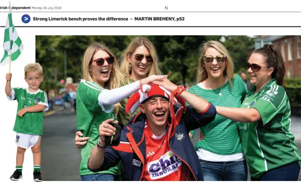  ?? Photos: Caroline Quinn ?? Left: Limerick sisters Miriam, Martina and Fiona O’Connor, from Croagh, and pal Claire Fitzgerald, from Boher, with Cork fan Brendan O’Sullivan, from Millstreet, at Croke Park. Far left: Young fan Tom Brosnan (4), from Monaleen, Co Limerick.