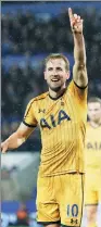  ?? REUTERS ?? Tottenham striker Harry Kane celebrates scoring his fourth goal against Leicester City on Thursday.