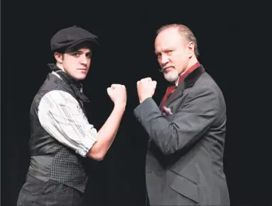  ?? Luke Haughwøut & Mandi Martini / Contribute­d photos ?? The Warner Stage Company will present Disney's "Newsies" with performanc­es starting Saturday, and continuing on weekends through Nov. 11. Above are Noel Roberge as Jack Kelly and Dick Terhune, right, as Joseph Pulitzer.