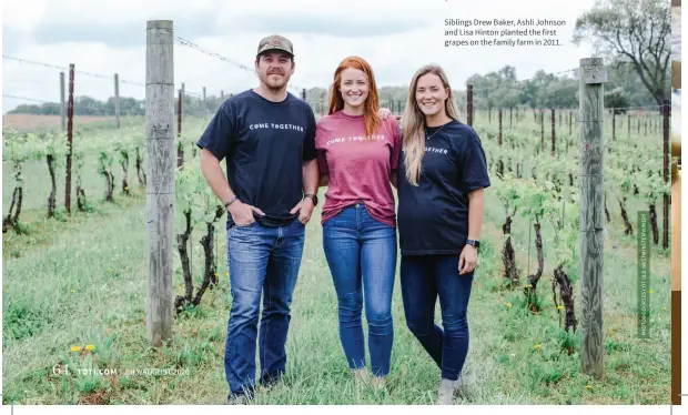  ??  ?? Siblings Drew Baker, Ashli Johnson and Lisa Hinton planted the first grapes on the family farm in 2011.