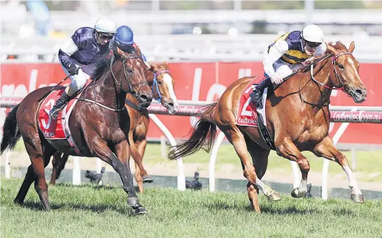  ?? Picture / Getty Images ?? Johannes Vermeer ( left) flies home into second behind Gailo Chop in last week’s 2000m Caulfield Stakes.