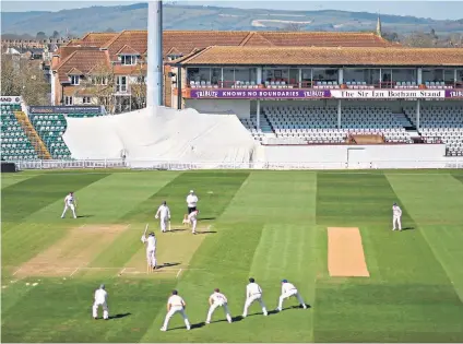  ??  ?? Absent friends: The pre-season friendly between Somerset and Worcesters­hire at the Cooper Associates County Ground in Taunton is being played without spectators. Counties will be allowed to fill grounds to 25 per cent of capacity from May 17