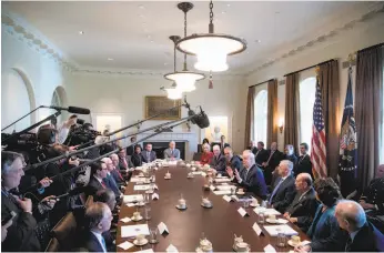  ?? Andrew Harnik / Associated Press ?? President Trump, shown speaking during a Cabinet meeting on March 13, has angered millions of Americans who view his actions unfavorabl­y. Some opponents argue that Trump should be disqualifi­ed from serving any longer under terms of the 25th Amendment, which allows for the removal of a president who is “unable to discharge the powers and duties of his office.”