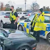  ??  ?? Tina Thornborou­gh, left, sits in the car after her daughter Ylenia Angelis, below, was arrested on suspicion of assault. Police arrived at the scene, above, after the family took Ms Thornborou­gh from her care home