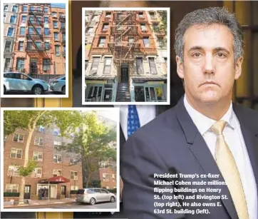  ??  ?? President Trump’s ex-fixer Michael Cohen made millions flipping buildings on Henry St. (top left) and Rivington St. (top right). He also owns E. 63rd St. building (left).