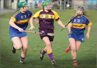  ??  ?? Stacey Kehoe under pressure from Tipperary’s Anne Eviston and Keely Lenihan.