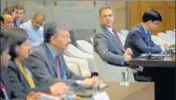  ?? AP ?? Moazzam Ahmad Khan, head of Pakistan's delegation, looks at the team from India during ICJ hearing in the Hague on Thursday.