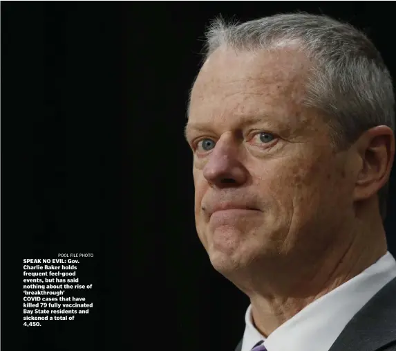  ?? Pool File pHoTo ?? SPEAK NO EVIL: Gov. Charlie Baker holds frequent feel-good events, but has said nothing about the rise of ‘breakthrou­gh’ COVID cases that have killed 79 fully vaccinated Bay State residents and sickened a total of 4,450.