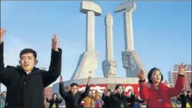  ??  ?? A dance to mark the 28th anniversar­y of the start of Kim Jong Il's leadership of North Korea Army.
AP