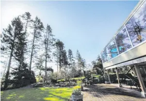  ??  ?? A paved patio spans the width of the home, facing the emerald lawn and waterfront. At each end is a glass wall for wind protection, and to help keep leaves and debris out.