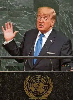  ?? Donald Trump Foto: Timothy A. Clary, afp ?? US Präsident Donald Trump bei seiner mit Spannung erwarteten ersten Rede vor der Vollversam­mlung der Vereinten Nationen, bei der er gestern Nordkorea mit „totaler Zerstörung“drohte.