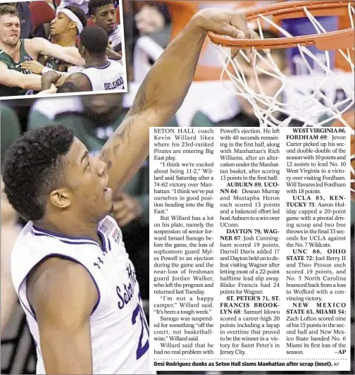  ??  ?? Desi Rodriguez dunks as Seton Hall slams Manhattan after scrap (inset).