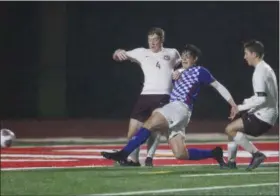  ?? JEN FORBUS — FOR THE MORNING JOURNAL ?? Bay’s Cade Gergye scores in a match against Rocky River.