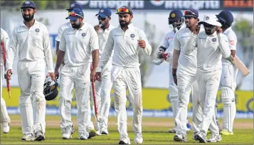  ?? AFP ?? Players of Indian team leave the ground after their win in the first test cricket match against Sri Lanka in Galle on Saturday