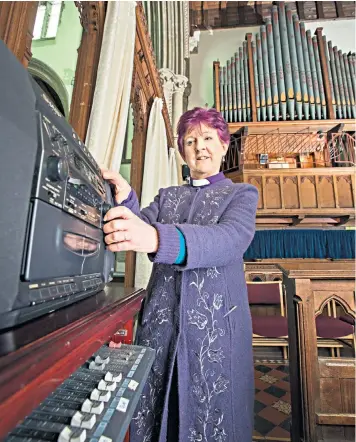  ??  ?? The Rev Sue Leathley with the CD player used during services at St Mary’s in Mildenhall. Top left, Trevor Nichols, organist at St Mary’s