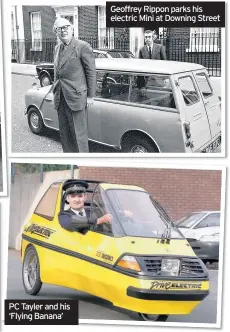  ??  ?? Geoffrey Rippon parks his electric Mini at Downing Street