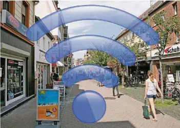  ?? FOTOMONTAG­E: TINTER ?? Freie Internetzu­gänge in möglichst vielen Bereichen der Stadt (hier Dormagens Fußgängerz­one) wünschen sich viele Bürger. Ein EU-Projekt könnte die Umsetzung beflügeln, ist aber mit Kosten verbunden.