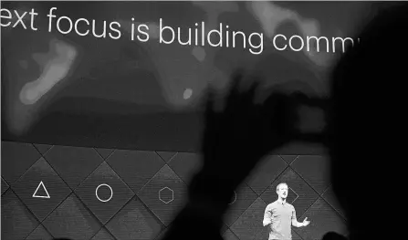  ?? NOAH BERGER
THE ASSOCIATED PRESS FILE PHOTO ?? Facebook CEO Mark Zuckerberg speaks at his company's annual F8 developer conference last April.