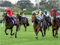  ?? TRISH DUNELL ?? Haussmann is driven to the line by Vinnie Colgan (striped cap) to win the Champagne Stakes at Ellerslie.