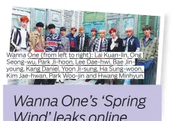  ??  ?? Wanna One (from left to right): Lai Kuan-lin, Ong Seong-wu, Park Ji-hoon, Lee Dae-hwi, Bae Jinyoung, Kang Daniel, Yoon Ji-sung, Ha Sung-woon, Kim Jae-hwan, Park Woo-jin and Hwang Minhyun.