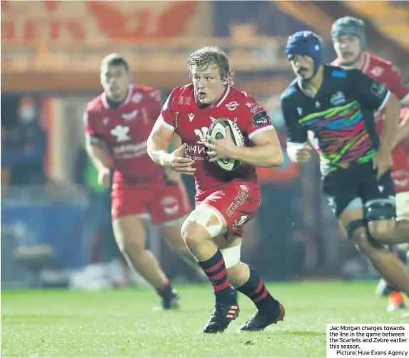  ??  ?? Jac Morgan charges towards the line in the game between the Scarlets and Zebre earlier this season.
Picture: Huw Evans Agency