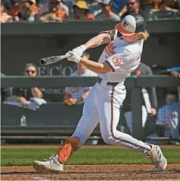  ?? KENNETH K. LAM/STAFF ?? Orioles second baseman Jackson Holliday gets his first career hit — a single — in the seventh inning Sunday against the Brewers at Camden Yards.