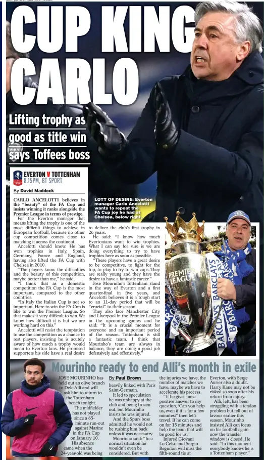  ??  ?? LOTT OF DESIRE: Everton manager Carlo Ancelotti wants to repeat the FA Cup joy he had at Chelsea, below right,