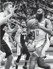  ?? Melissa Phillip / Staff photograph­er ?? James Harden, who had 40 points, challenges the Spurs’ Jakob Poeltl during the second half.