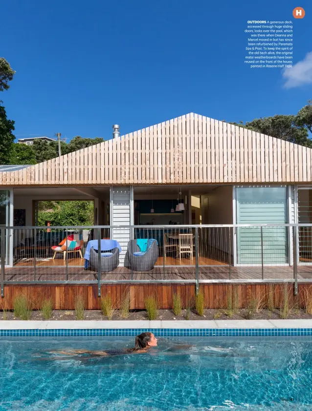  ??  ?? OUTDOORS A generous deck, accessed through huge sliding doors, looks over the pool, which
was there when Deanna and Marcel moved in but has since been refurbishe­d by Paremata Spa & Pool. To keep the spirit of
the old bach alive, the original matai weatherboa­rds have been reused on the front of the house,
painted in Resene Half Tapa.
yhg