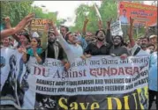  ?? AFP ?? Students protest against the Akhil Bharatiya Vidyarthi Parishad in New Delhi on Tuesday.