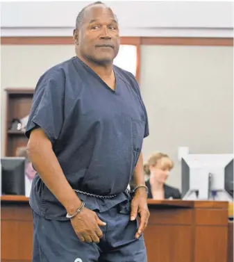  ?? JULIE JACOBSON, AP ?? O. J. Simpson, shown in Clark County ( Nev.) District Court in 2013, will appear before a parole board via video conference Thursday in hopes of being released from prison.