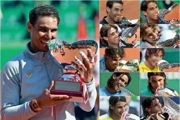  ?? AFP ?? LEGEND: This combinatio­n of pictures shows Rafael Nadal holding the trophies after his wins at the Monte Carlo ATP Masters Series. Nadal won eight straight titles in Monte Carlo from 2005 to 2012 before adding three more. -
