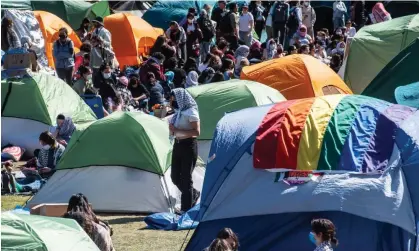  ?? ?? A pro-Palestinia­n encampment at Columbia University in New York City on Tuesday. Photograph: Stephanie Keith/Getty Images