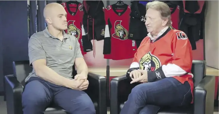  ?? OTTAWA SENATORS/TWITTER ?? Senators defenceman Mark Borowiecki interviews owner Eugene Melnyk in a video the organizati­on released that focuses on the team’s future on and off the ice.