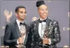  ?? Picture: WIREIMAGE Picture: FILMMAGIC ?? THE A-TEAM: Aziz Ansari, left, and Lena Waithe pose together in the press room after taking the category for outstandin­g writing for a comedy series for ‘Master of None’