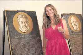  ?? JANE TYSKA – STAFF PHOTOGRAPH­ER ?? Former U.S. soccer star Brandi Chastain poses near her honorary plaque during the Bay Area Sports Hall of Fame induction ceremony at the Westin St. Francis Hotel Monday.