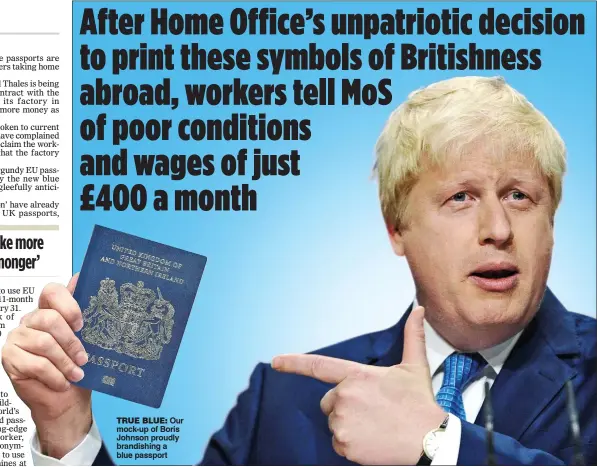  ??  ?? TRUE BLUE: Our mock-up of Boris Johnson proudly brandishin­g a blue passport